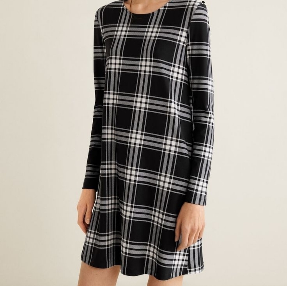 Mango black and white checkered plaid dress with buttons on shoulders